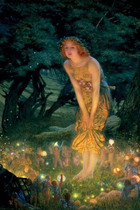 lady in woods, surrounded by fairies