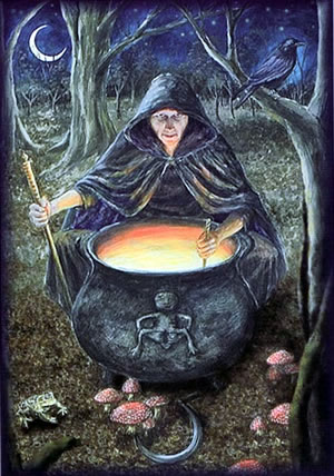 Crone witch stirring cauldron in the woods